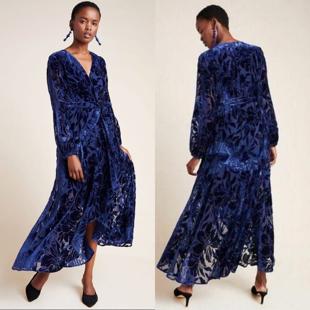 Anthropologie Blue Floral Long Sleeve Dress